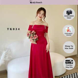 TK034 Đầm lụa trể vai dáng xòe kèm ngọc