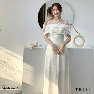 TK034 Đầm lụa trể vai dáng xòe kèm ngọc