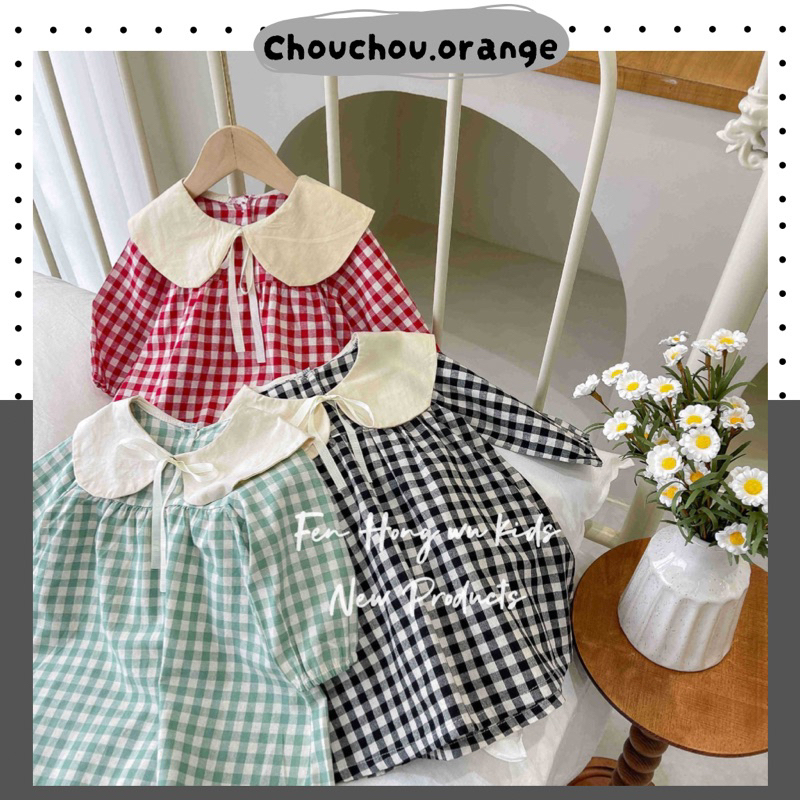 Váy babydoll kẻ caro vải đũi thô cho bé gái