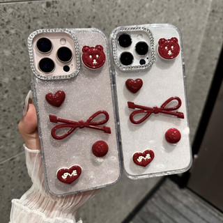ỐP IPHONE NHŨ CAM ĐÁ CHARM ĐỎ GẤU NƠ