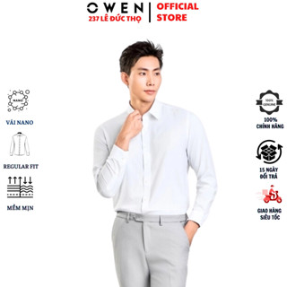  Áo sơ mi nam OWEN AR240301D somi dài tay công sở màu màu trắng trơn dáng Regular Fit tà lượn không túi chất nano cao cấp 