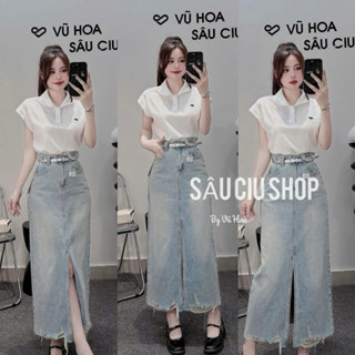  Set váy thời trang hot trend áo thun gân cổ trụ phối chân váy jeans cứng quảng châu cao cấp xẻ tà kèm đai nịt 