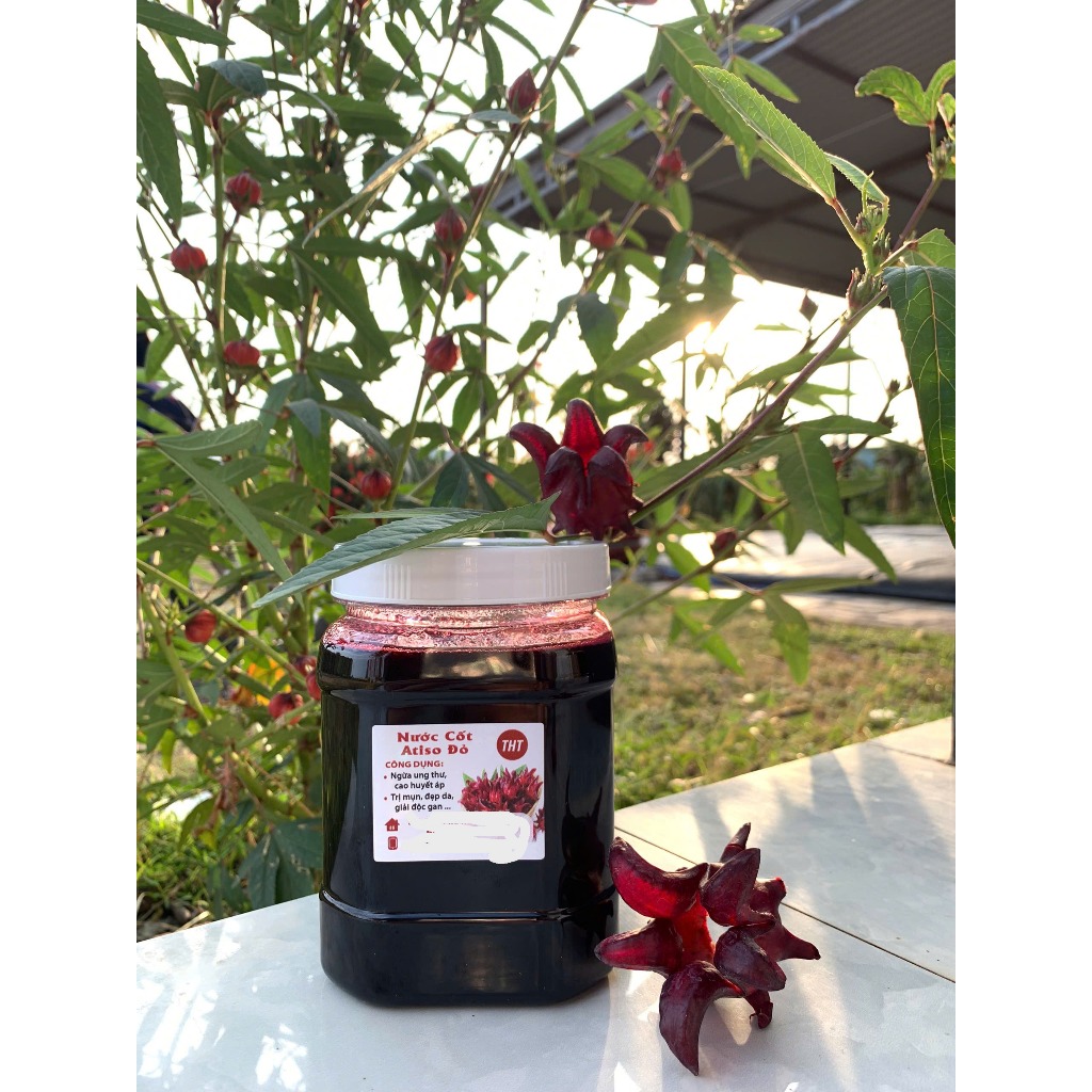 Siro hoa Atiso đỏ( có kèm bông), hủ 1kg Hoa Astiso đỏ ngâm đường phèn đậm đặc nguyên chất.