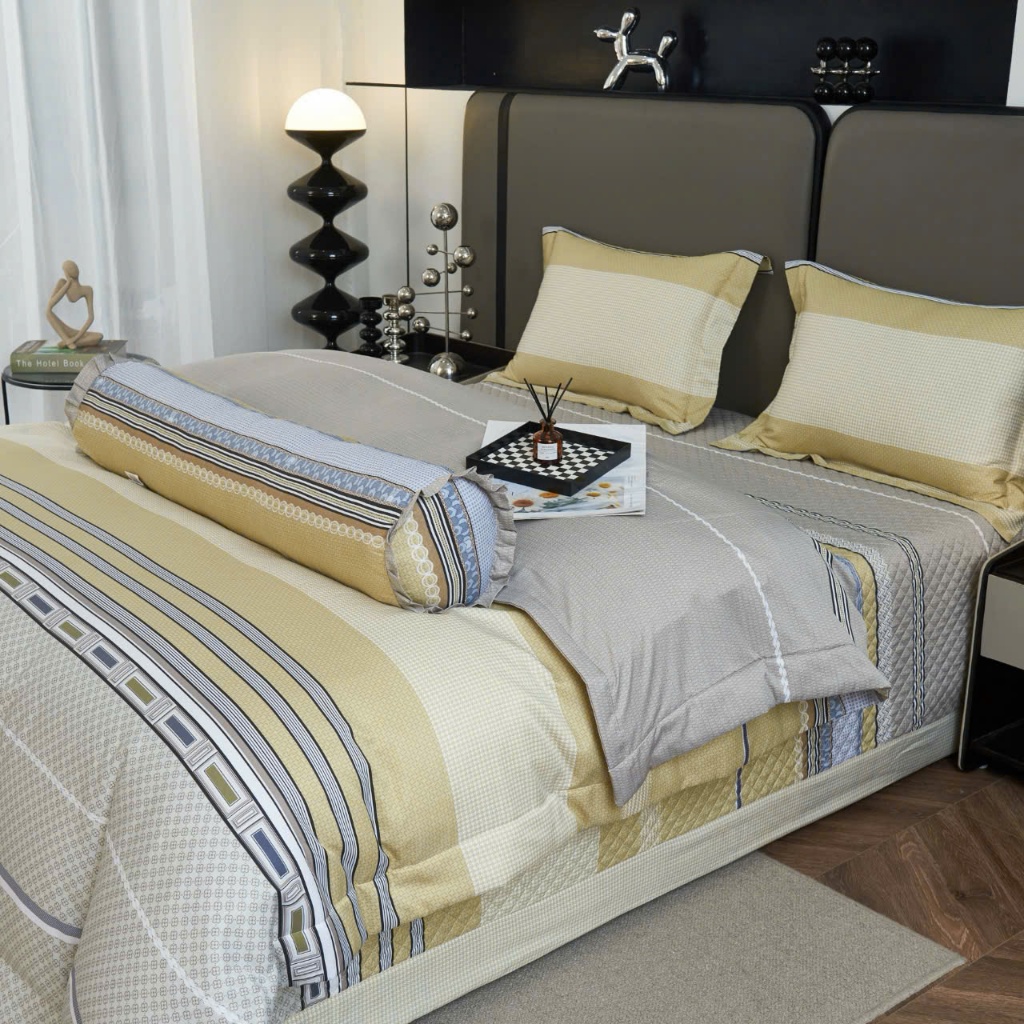 Bộ Drap Ga Giường Tencel 60s 5 Món Cao Cấp Nhập Khẩu Set Ra Giường Tencel Hoa Văn Kẻ Sọc Thanh Lịch 
