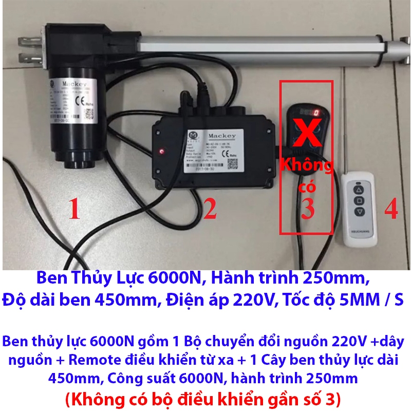 Ben thủy lực 6000N + bộ điều khiển từ xa đi kèm - Xy lanh điện nâng 6000N , Motor xi lanh điện hành