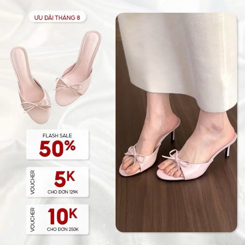 ( Tăng size)Dép cao gót đính nơ hồng hót trend màu hồng Pastels 5cm