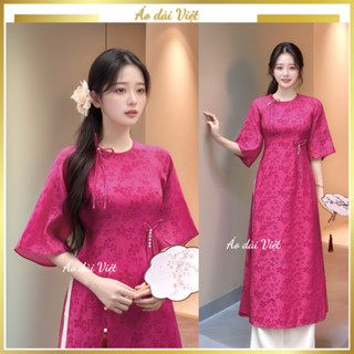 Áo dài cách tân truyền thống hồng sen 4 tà hoa nhí tay loe cổ tròn HS05 giáo viên đi dạy may sẵn