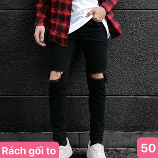  Quần jean nam rách gối to màu đen trơn chất bò cao cấp co dãn 4 đẹp rin trơn form dáng skinny Havado QH05 mẫu mới 