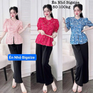 Set Bộ Đồ Bà Ba Bigsize Nữ Pháp Phục Đi Lễ Chùa Áo Gấm Hoa Cổ Tròn Đính Ngọc Trai Kèm Quần Dài Vải Lụa Mango 50-95kg