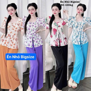 Set Bộ Đồ Bà Ba Bigsize Nữ Mặc Nhà Đi Lễ Chùa Áo Hoa Cổ Vuông Đính Ngọc Trai Kèm Quần Dài Vải Lụa Mango Cao Cấp 50-95kg