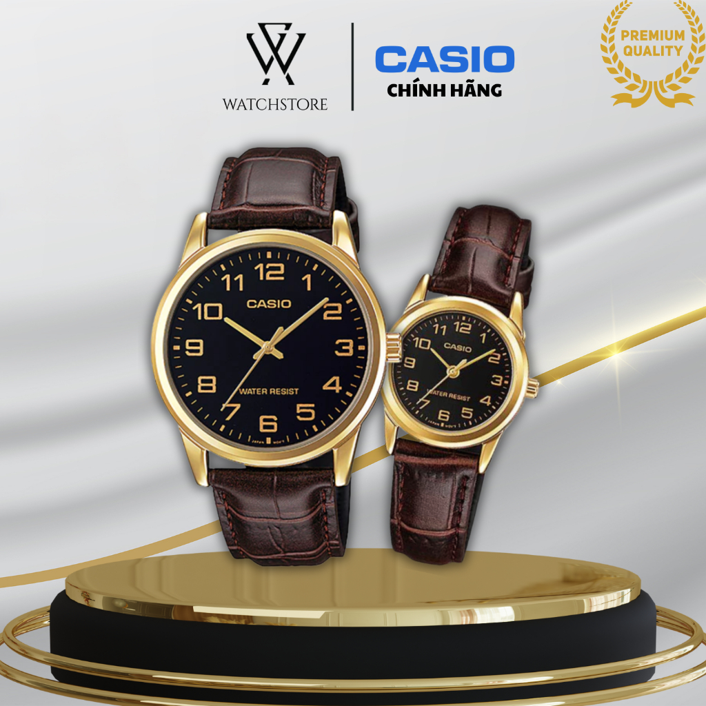 Đồng Hồ Đôi V001GL-1BUDF Quartz Kính Khoáng Mặt Đen Kim Vàng Dây Da Vỏ Kim Loại Không Gỉ Chống Nước Chính Hãng CASIO