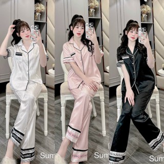 Bộ đồ ngủ Pyjama lụa vân cao cấp cổ vạt túi ngực viền chữ sang chảnh, Bộ mặc nhà Áo cộc Quần dài