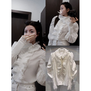 áo sơ mi cổ viền VUTHAOLING đen trắng tiểu thư ren nữ hoạ tiết ren ở cổ áo