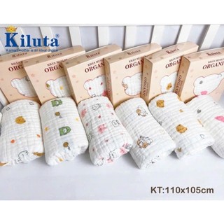HỘP 1 KHĂN TẮM, KHĂN ĐA NĂNG 6 LỚP ORGANIC SỢI TRE KILUTA mềm mịn, kháng khuẩn, họa tiết đáng yêu cho bé