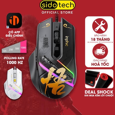 Chuột gaming có dây SIDOTECH INPHIC PG1 Black myth wukong 6 nút bấm 1000hz led RGB có app 12800 DPI chơi game PC laptop