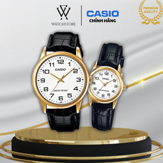 Đồng Hồ Đôi V001GL-7BUDF Quartz Kính Khoáng Mặt Trắng Kim Vàng Dây Da Vỏ Kim Loại Không Gỉ Chống Nước Chính Hãng CASIO