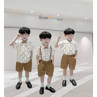Set bộ polo cộc tay Beemo in hình râu 4 chi tiết (kèm đai và nơ) vải cá sấu cho bé trai từ 9-25kg 4629SHB