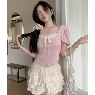 Áo croptop coquette kiểu acubi brandy nữ baby tee nơ màu hồng xanh đen bánh bèo thun tăm