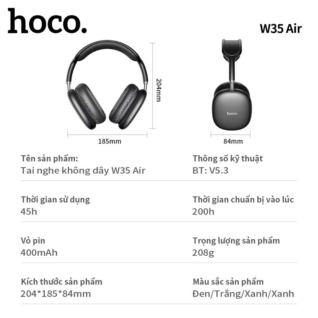 Tai Nghe Chụp Tai BLUETOOTH Hoco W35 Air, 45 giờ nghe nhạc, Full Size Kiểu Dáng Sang Trọng, Chống Ồn, Chống Thấm Nước | BigBuy360 - bigbuy360.vn