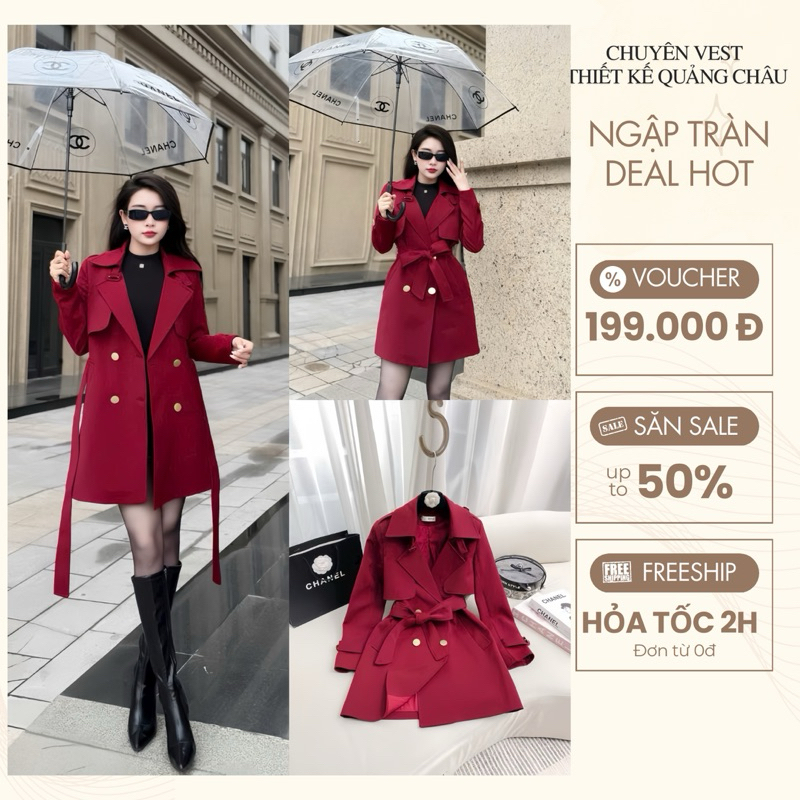 [Hoả tốc]Áo Măng Tô Nữ Dáng Ngắn Màu Đỏ Đô Kèm Đai Hàng QCCC LOẠI 1