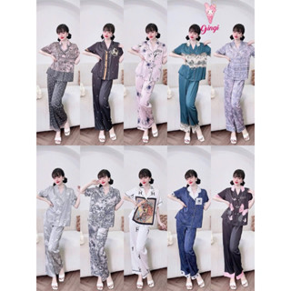 [Size40/60kg TNQD080225 ]Đồ bộ nữ mặc nhà áo tay ngắn quần dài form cổ vest nút đôi bọc vải chất lụa latin