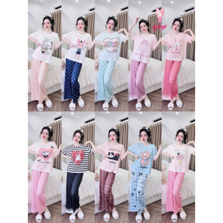 [ Size40-60kg TNQD1408242 ]Đồ nữ mặc nhà áo tay ngắn quần dài form cổ tròn hoạ tiết đáng yêu chất vải thun đũa lạnh