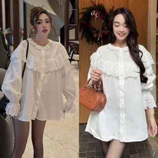 ( SẴN): Áo Sơ Mi Form Babydoll Giấu Quần Cổ Bèo Phối Thô Ren Boi Tay Xòe Đáng Yêu (Ảnh Thật Trải Sàn) Lollaye