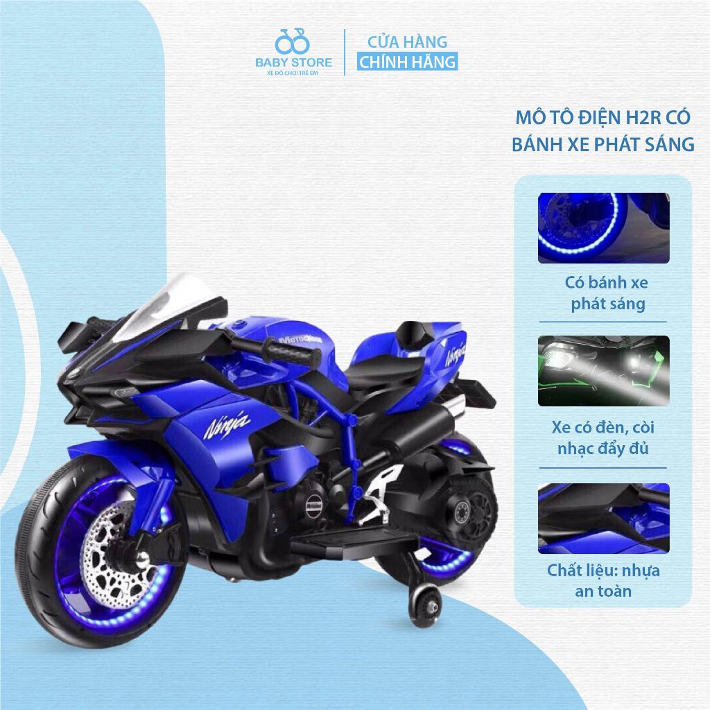 Xe máy điện trẻ em,mô tô điện h2r có bánh xe phát sáng