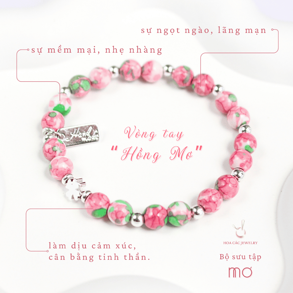 [HOA CÁC] Lắc tay HỒNG MƠ, Vòng tay ngọt ngào, hạt gốm hồng, cỏ 4 lá may mắn