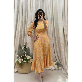 Đầm Midi cổ thuyền eo thun phối bèo lai _ D4.930