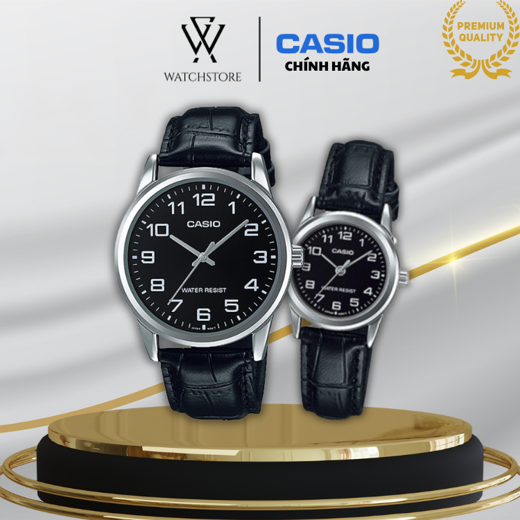 Đồng Hồ Đôi V001L-1BUDF Quartz Kính Khoáng Mặt Đen Kim Bạc Dây và Vỏ Kim Loại Không Gỉ Chống Nước Chính Hãng CASIO