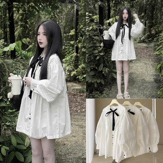  Áo váy sơ mi trắng babydoll dáng ngắn cổ phối viền ren thắt nơ cho nữ xinh xắn dễ thương phong cách trẻ trung freesize 