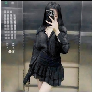 Set váy sơ mi đính full đá phối chân váy tầng xoè mặc được hai kiểu áo tay dài dáng rộng QC. Màu y hình🌹🌹 Sam Clothing