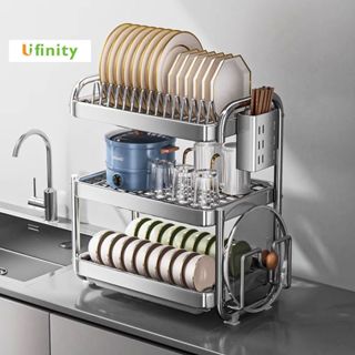 Lifinity Kệ Đựng Bát Đĩa 2/3 Tầng Inox Cao Cấp Kèm Giá Để Đũa, Giá Treo Nắp Nồi Thớt Khay Hứng Nước