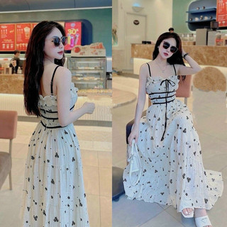 Đầm nữ thời trang mặc đi biển chất xôp hoa hai dây cúp ngực đính dây nơ phối viền eo váy maxi xoè phong cách