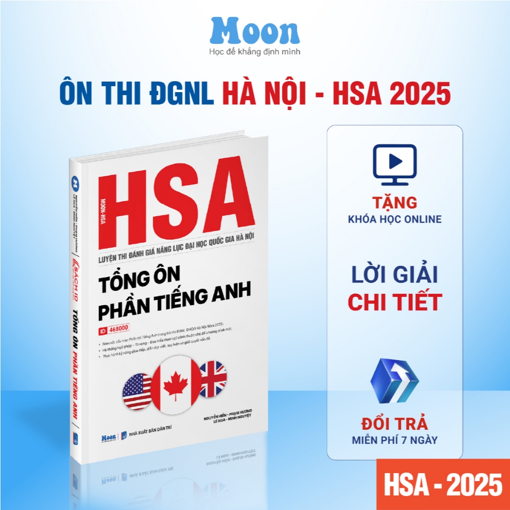 [ HSA 2025 ] - Tổng ôn phần tiếng anh, sách ôn thi đánh giá năng lực Hà Nội Moonbook