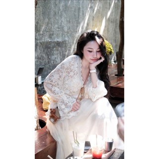 set đồ nữ ren cổ V dài tay mix chân váy maxi dáng dài thiết kế LINH HOÀNG TỰ MAY LẠI, Set áo dài tay kèm chân váy tre