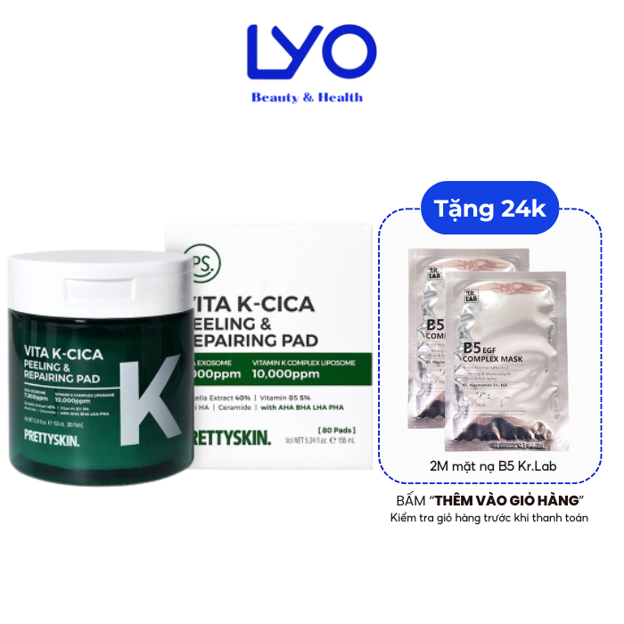 Toner Pad Làm Dịu Da, Giảm Mụn, Giúp Da Căng Bóng Prettyskin Vita K-Cica Peeling & Repairing Pad Hàn Quốc 80 Miếng/155ml