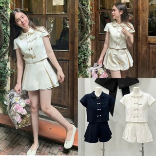 [Hàng Shop]: Set Dạ Tex 2 Màu Tiểu Thư Áo Cổ Sen Cúc Đôi Mix Quần Short May Chỉ Nổi Đứng Form (Ảnh Thật Trải Sàn)