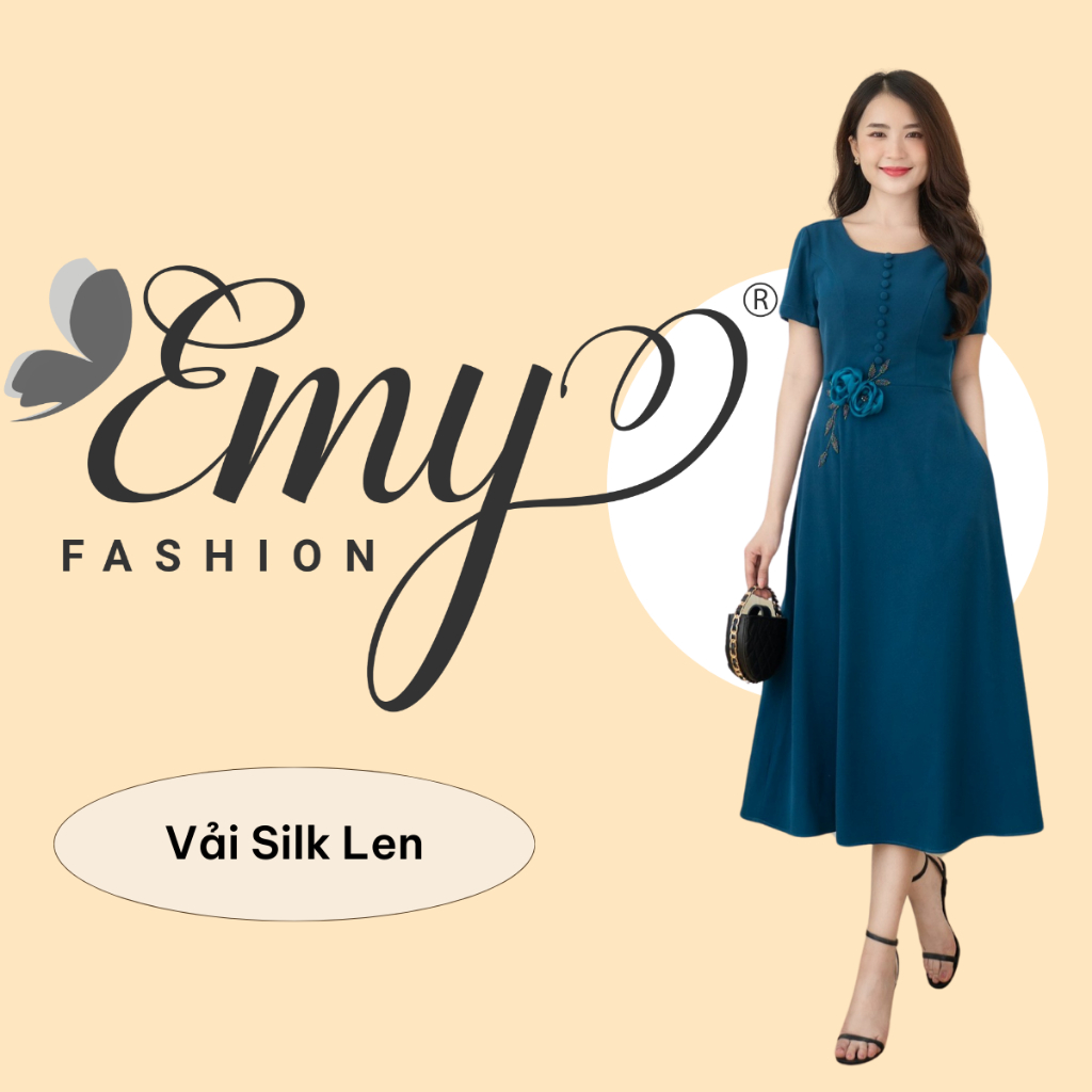 Đầm EMY EM7524 Xoè Xanh Hoa Vải