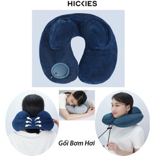 Gối Chữ U Bơm Hơi Đi Du Lịch, Máy Bay Mặt Nhung Mềm Mịn Có Dây Rút + Túi Đựng - HICKIES