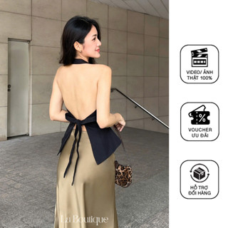 Áo Gile Cổ Yếm Nữ La Boutique Đính Nút Hở Lưng Vạt Xòe Chất Kalan Gân Dày Dặn Cao Cấp-A002