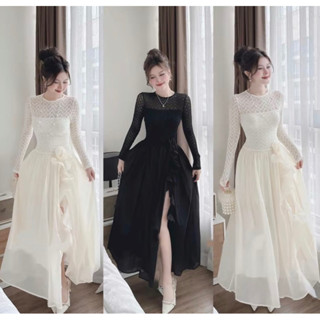 Đầm maxi ren tay dài phối voan xẻ tà maxi đi biển xinh cho nữ phong cách tiểu thư dễ thương đi tiệc đi chơi