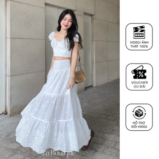 Chân váy maxi vải xô thêu hoa La Boutique hai lớp cao cấp-V012