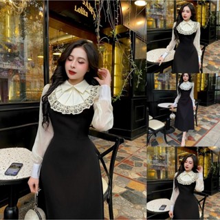 TN50-Váy thiết kế Evii dành cho nữ, Đầm thiết kế cổ bẻ xếp ly tròn viền ren tạo điểm nhấn, dáng A dài.