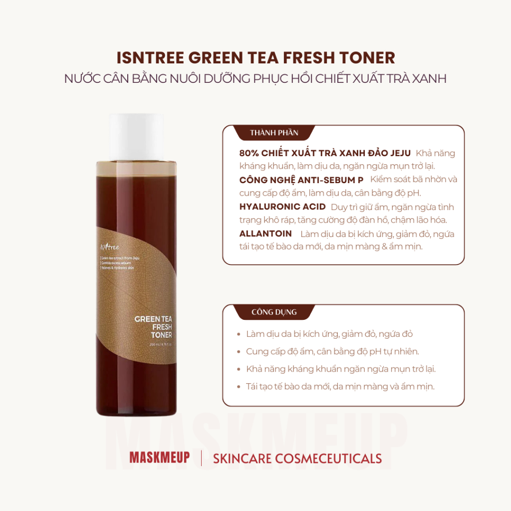Toner chiết xuất Trà xanh thuần chay lành tính Isntree Green Tea Fresh Toner