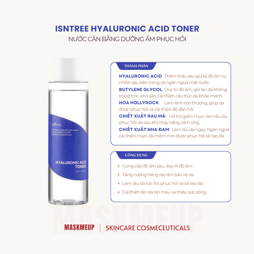 Toner dưỡng ẩm phục hồi cấp nước ISNTREE Hyaluronic Acid Toner 200ml