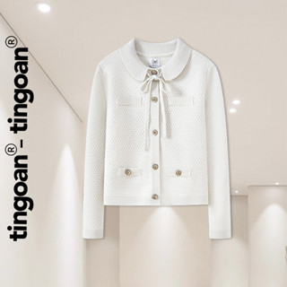 TINGOAN® - Áo len xù dài tay cổ bẻ phối dây nơ trắng kim tuyến KELLY KOU TOP/WH