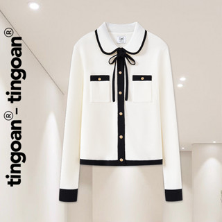 TINGOAN® - Áo len xù cổ bẻ cổ sen phối dây nơ chiết eo trắng viền đen BEI BEI TOP/WH