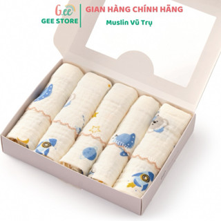 Hộp 5 Khăn Xô Sữa Muslin Gee 2 Lớp Họa Tiết Dễ Thương, ,Mềm Mịn, Thấm Hút Cho Bé KT 30x30cm